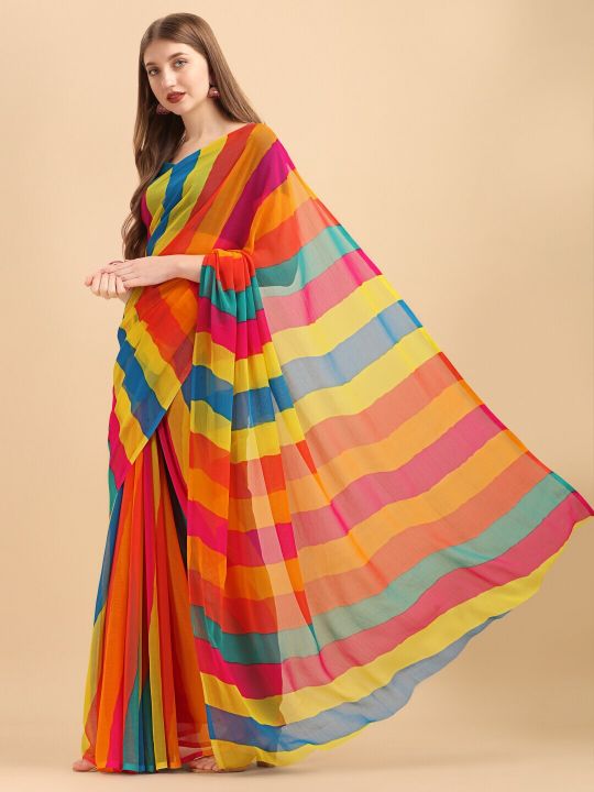 Sangria Yellow & Turquoise Blue Colourblocked Pure Chiffon Saree