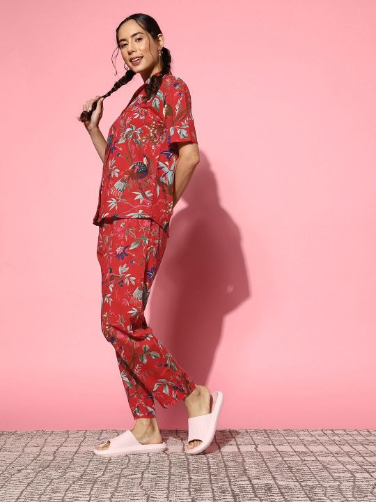 SANSKRUTIHOMES Women Red & Multicoloured Printed Pure Cotton Night Suit