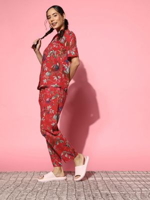 SANSKRUTIHOMES Women Red & Multicoloured Printed Pure Cotton Night Suit