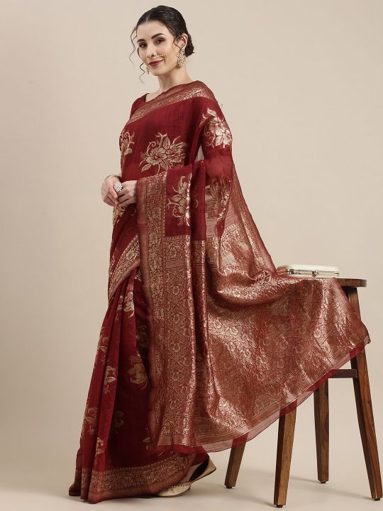 Saree mall Maroon Floral Linen Blend Banarasi Saree