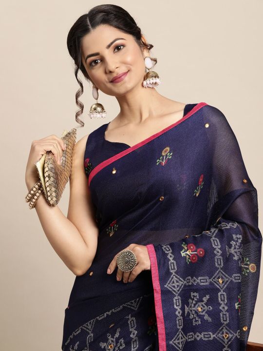Saree mall Navy Blue & Pink Floral Jute Silk Block Print Sarees