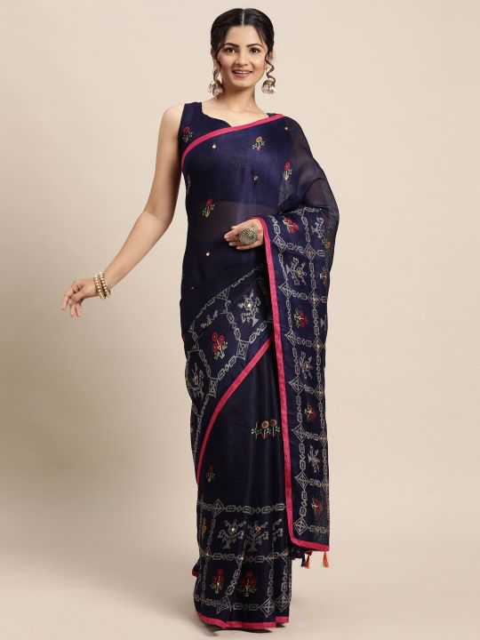 Saree mall Navy Blue & Pink Floral Jute Silk Block Print Sarees
