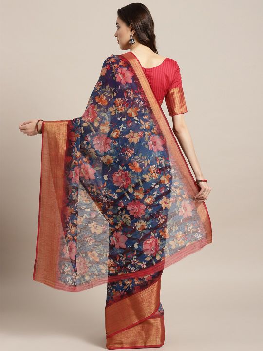 Saree mall Navy Blue & Red Linen Blend Printed Saree