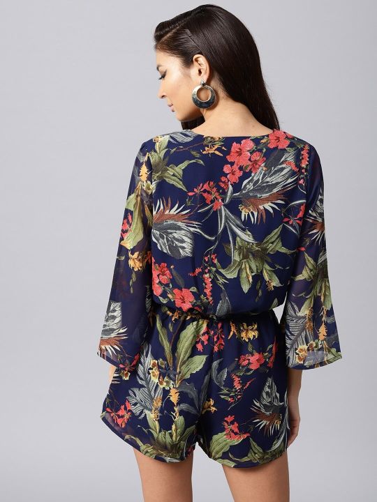 SASSAFRAS Navy Blue & Green Floral Print Playsuit