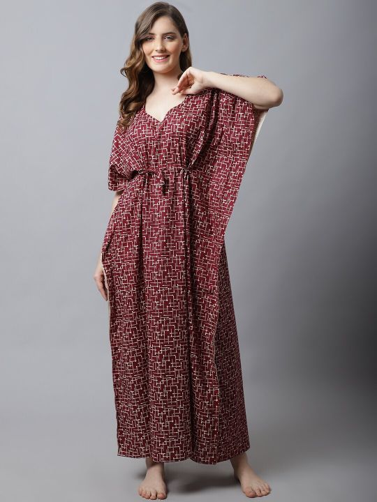 Secret Wish Maroon Printed Maxi Nightdress