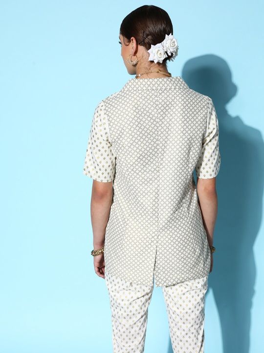 Shae by SASSAFRAS Women Off White Foil Printed Single-Breasted Blazer