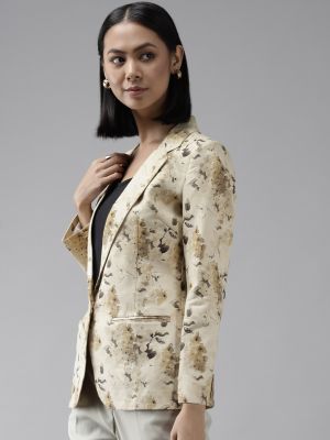 Shaftesbury London Women Cream-Coloured Printed Single-Breasted Formal Blazer