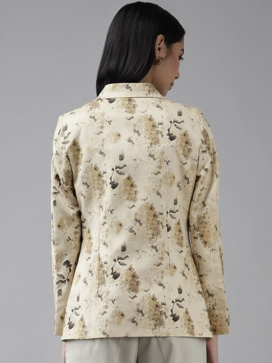Shaftesbury London Women Cream-Coloured Printed Single-Breasted Formal Blazer