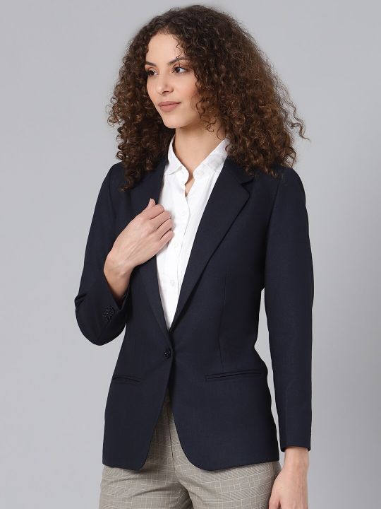 Shaftesbury London Women Navy Blue Solid Formal Blazer
