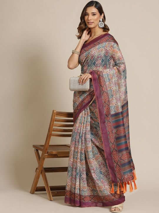 Silk Land Beige & Purple Ethnic Motifs Pure Cotton Chanderi Saree