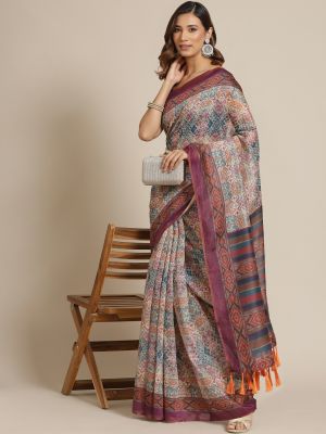 Silk Land Beige & Purple Ethnic Motifs Pure Cotton Chanderi Saree