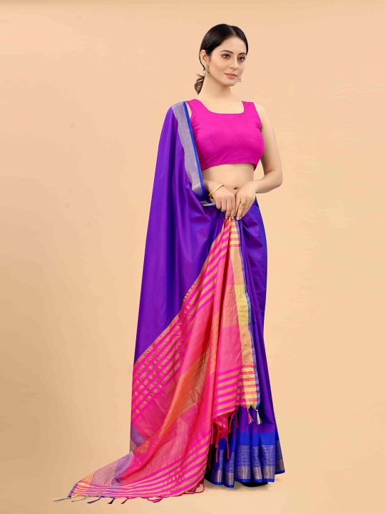 Silk Land Blue & Magenta Zari Art Silk Fusion Arani Saree