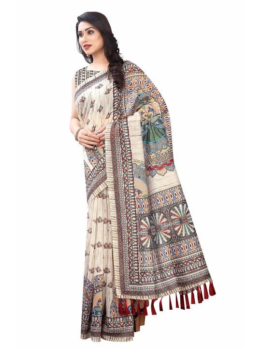 Silk Land Cream-Coloured Blue Kalamkari Pure Cotton Saree With Tassels