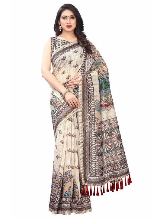 Silk Land Cream-Coloured Blue Kalamkari Pure Cotton Saree With Tassels
