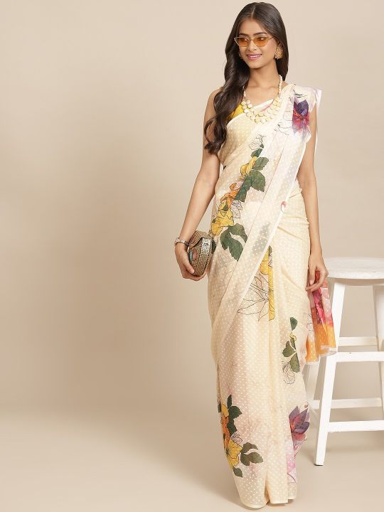 Silk Land Cream-Coloured & Green Floral Print Dobby Weave Saree