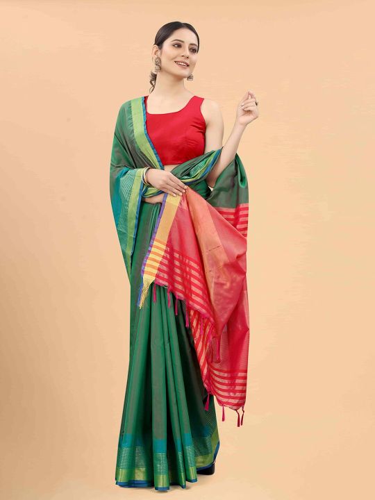 Silk Land Green & Red Zari Art Silk Arani Saree