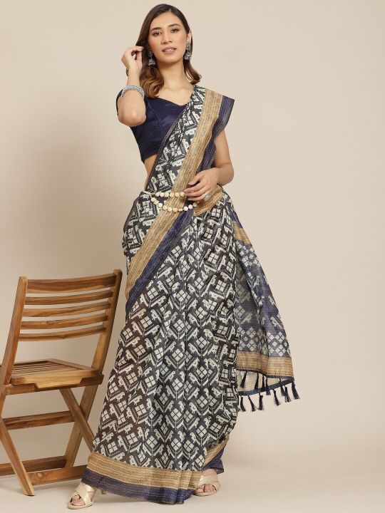 Silk Land Navy Blue & Off White Kalamkari Pure Cotton Chanderi Saree