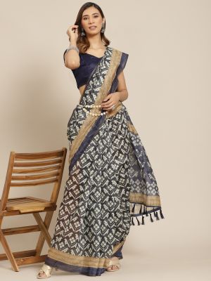 Silk Land Navy Blue & Off White Kalamkari Pure Cotton Chanderi Saree