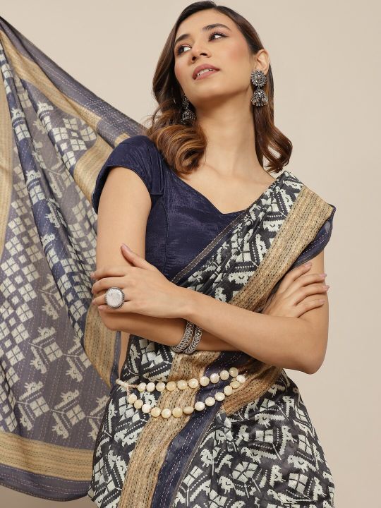 Silk Land Navy Blue & Off White Kalamkari Pure Cotton Chanderi Saree