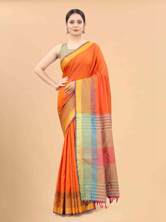 Silk Land Orange & Blue Zari Art Silk Arani Saree
