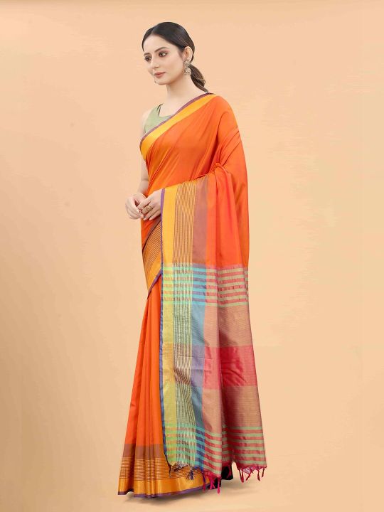 Silk Land Orange & Blue Zari Art Silk Arani Saree