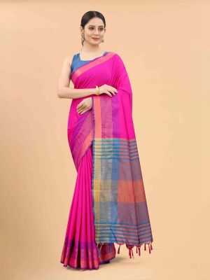 Silk Land Pink & Blue Zari Art Silk Fusion Arani Saree