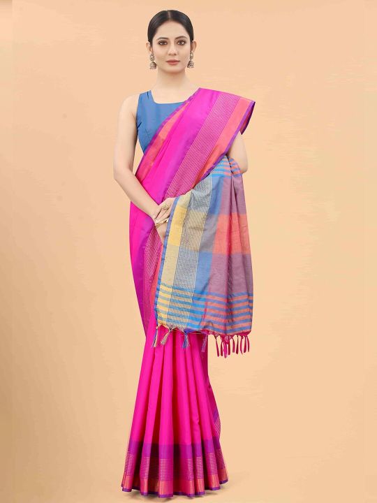 Silk Land Pink & Blue Zari Art Silk Fusion Arani Saree