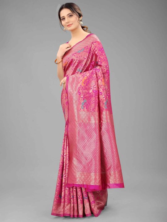 Silk Land Pink & Golden Ethnic Motifs Zari Pure Silk Banarasi Saree