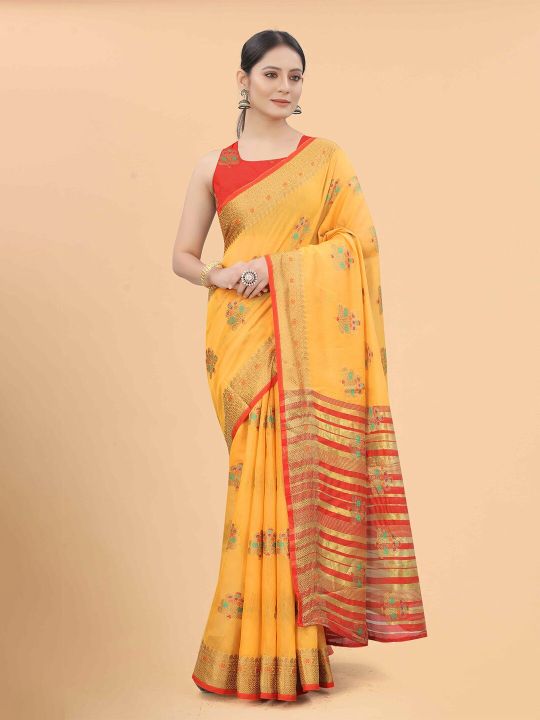 Silk Land Women Mustard & Red Floral Zari Pure Cotton Fusion Saree