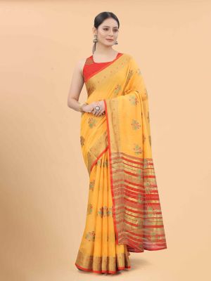 Silk Land Women Mustard & Red Floral Zari Pure Cotton Fusion Saree