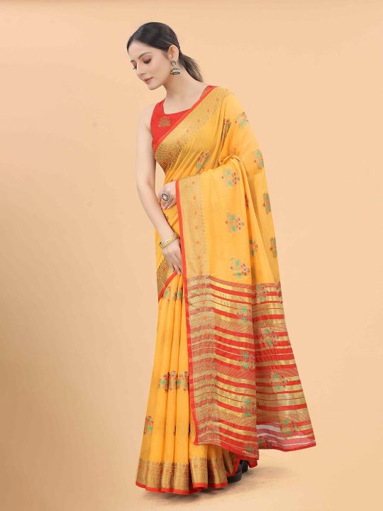 Silk Land Women Mustard & Red Floral Zari Pure Cotton Fusion Saree