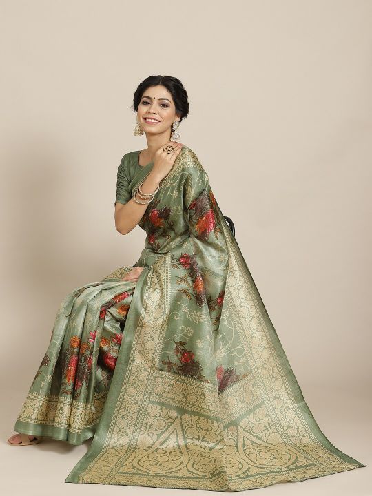 SIRIL Green Floral Art Silk Khadi Saree