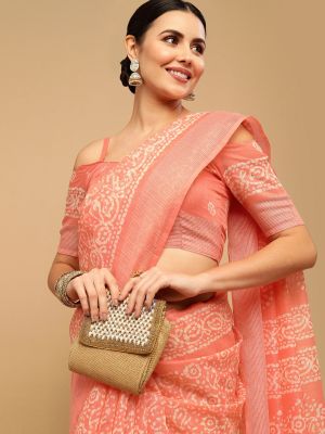 SIRIL Peach-Coloured & White Batik Saree