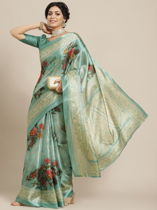 SIRIL Sea Green Floral Art Silk Khadi Saree