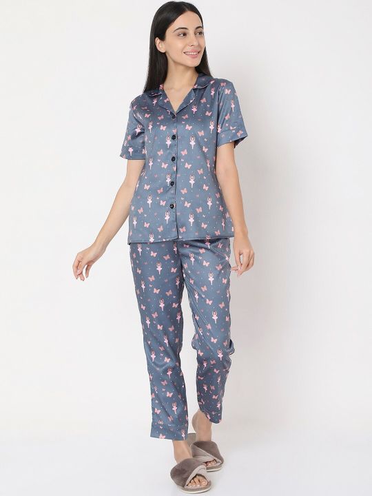 Smarty Pants Women Grey Printed Night Suit