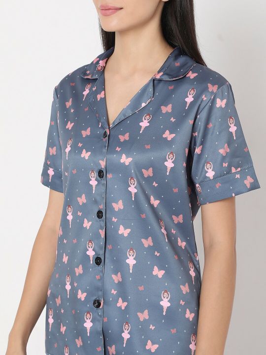 Smarty Pants Women Grey Printed Night Suit