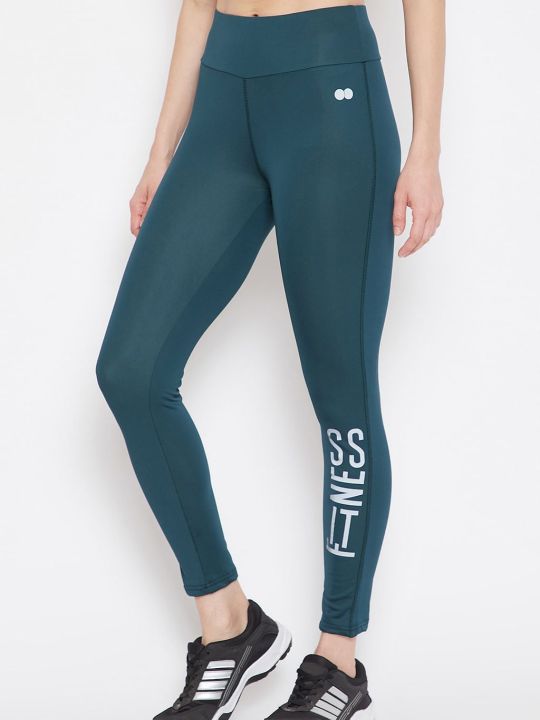 Snug Fit Active Ankle-Length Text Print Tights in Teal