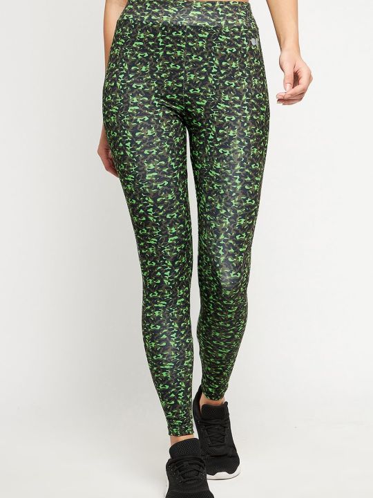 Snug Fit Active High-Rise Full-Length Printed Tights in Green