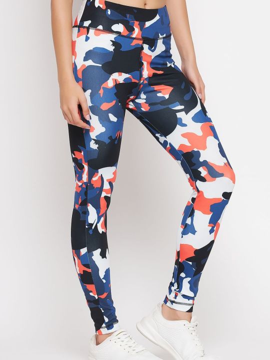 Snug Fit Ankle-Length High-Rise Active Camouflage Print Tights in Blue
