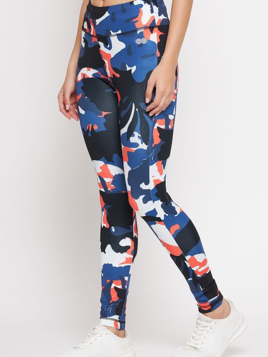 Snug Fit Ankle-Length High-Rise Active Camouflage Print Tights in Blue