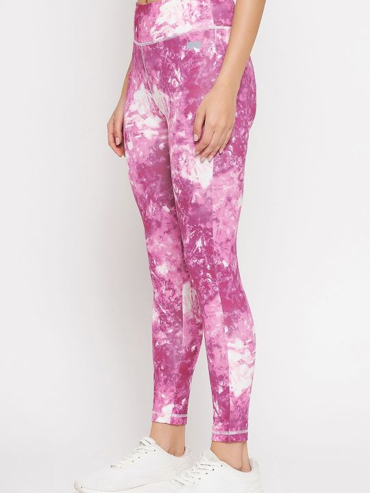 Snug Fit Ankle-Length High-Rise Active Tie-Dye Print Tights in Pink