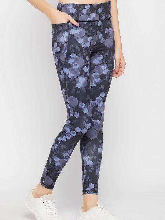 Snug Fit High-Rise Geometric Print Active Tights in Dark Grey