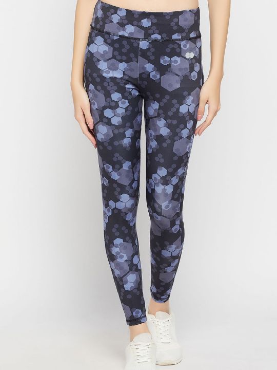 Snug Fit High-Rise Geometric Print Active Tights in Dark Grey