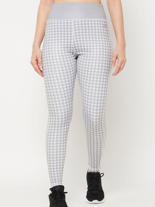 Snug Fit High-Rise Houndstooth Print Active Tights in Grey