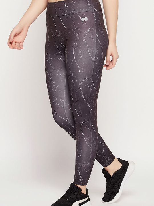 Snug Fit High-Rise Marble Print Active Tights in Dark Grey with Side Pocket