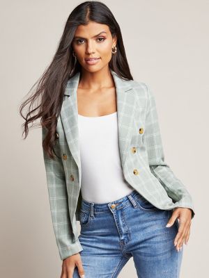 Styli Women Green & White Checked Button Detail Blazers