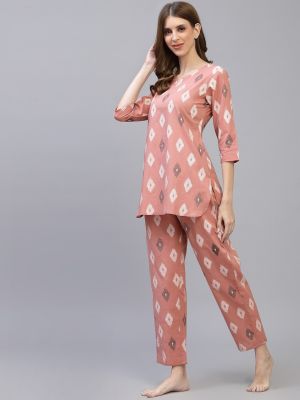 Stylum Women Peach-Coloured & White Printed Night suit