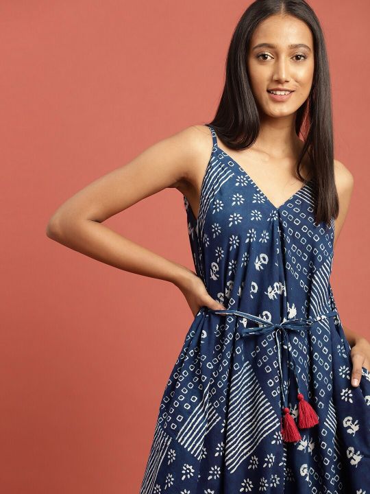 Taavi Women Blue & White Indigo Hand Block Print Sustainable Jumpsuit with Loose Legs & Tie-Ups