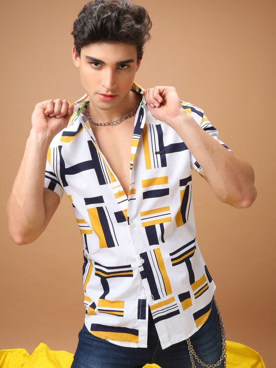 The Indian Garage Co Men White & Navy Blue Slim Fit Printed Casual Shirt