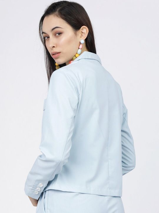 Tokyo Talkies Women Blue Solid Double-Breasted Crop Blazer